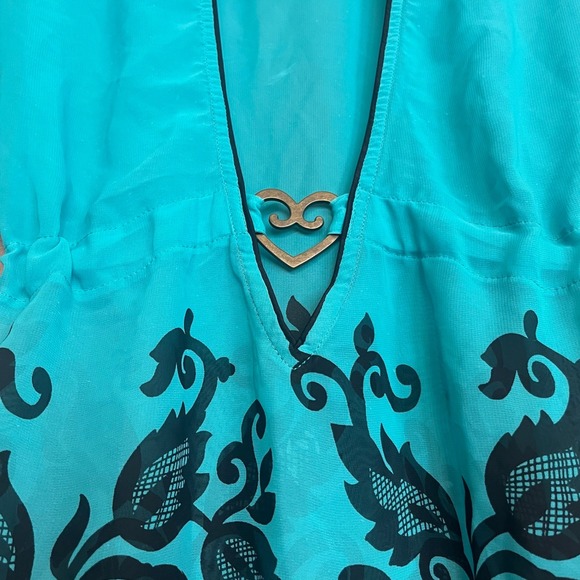 Becca by Rebecca Virtue Cover Up Dress Turquoise Black Metal Heart Floral XS - S - Picture 5 of 8